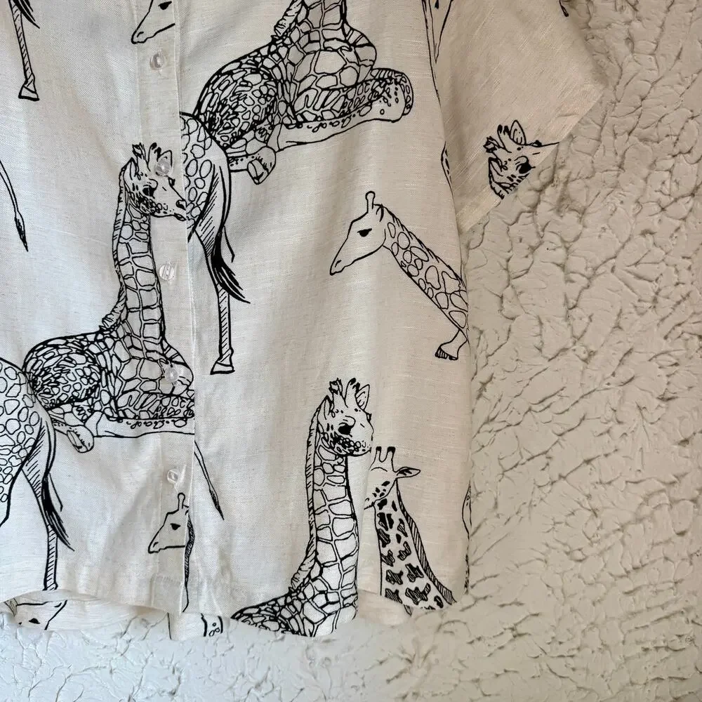 Jane Delancey Giraffe Print Button Up Shirt Linen Blend Safari Animal Print Top - Picture 4 of 10
